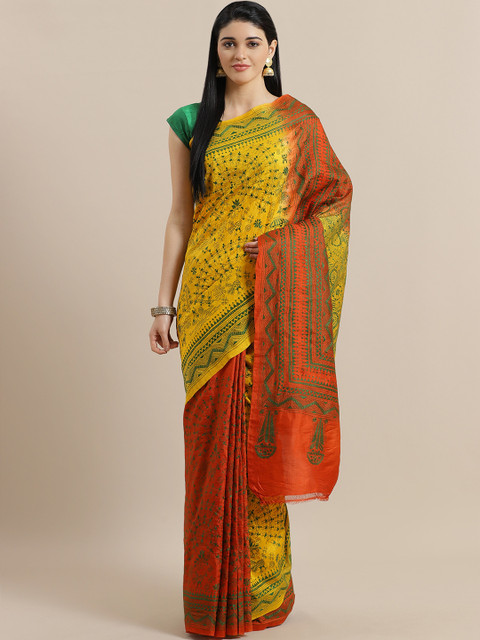 

ADITRI Rust Orange & Yellow Pure Silk Half & Half Kantha Woven Design Tussar Saree