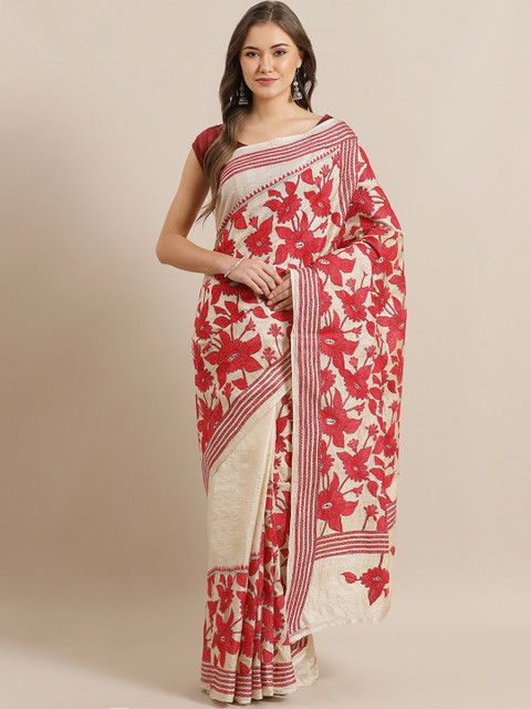 

ADITRI Beige & Red Pure Silk Kantha Embroidered Handloom Tussar Saree