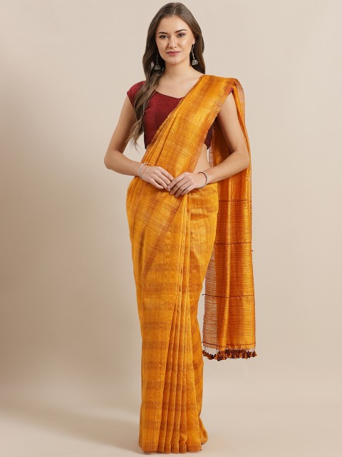 

ADITRI Mustard Yellow Self-Striped Handloom Matka Silk Saree