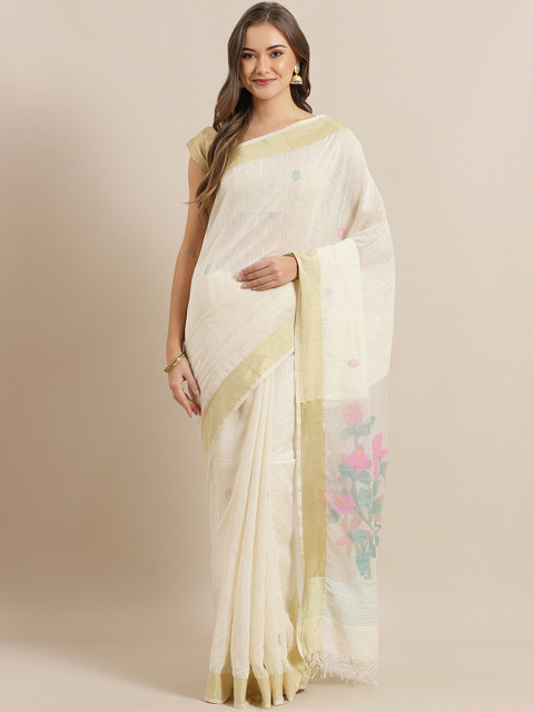 

ADITRI Off-White & Pink Pure Silk Woven Design Jamdani Saree