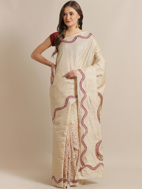 

ADITRI Cream-Coloured & Maroon Printed Tussar Saree with Kantha Embroidered Border