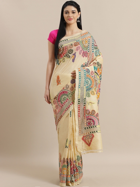 

ADITRI Cream-Coloured Silk Nakshi Kantha Work Tussar Saree