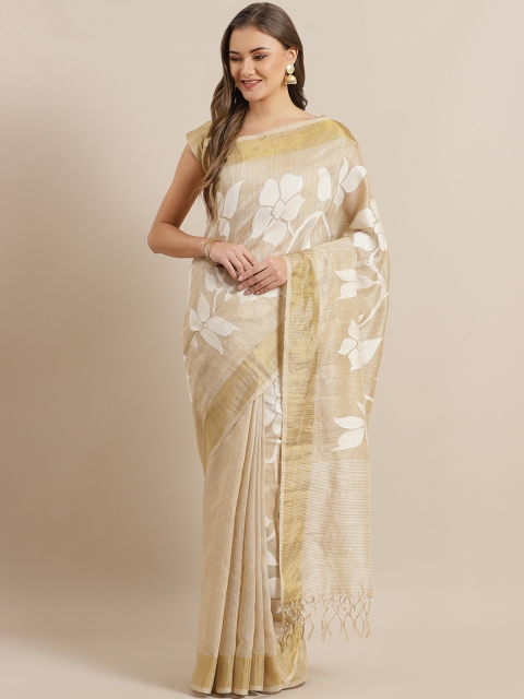 

ADITRI Beige & White Pure Silk Woven Design Jamdani Saree