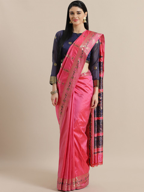 

ADITRI Pink & Golden Pure Silk Woven Design Baluchari Saree