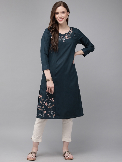 

MIMOSA Women Navy Blue Embroidered Straight Kurta
