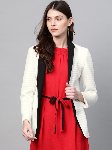 

Zima Leto Women White Tailored Fit Self Striped Open Front Smart Casual Blazer