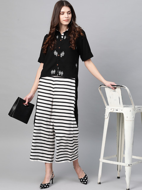 

Zima Leto Women Black & White Embroidered Shirt with Palazzos