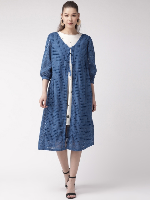 

SCOUP Women Blue Schiffli Embroidered Tie-Up Shrug