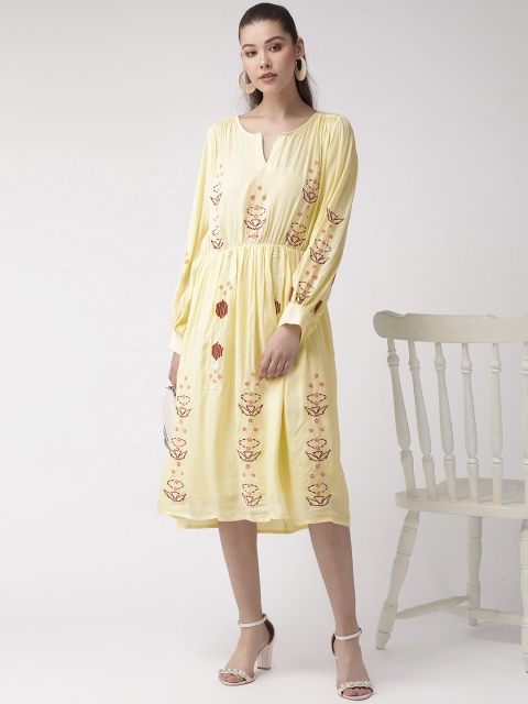 

SCOUP Women Yellow & Brown Embroidered A-Line Dress