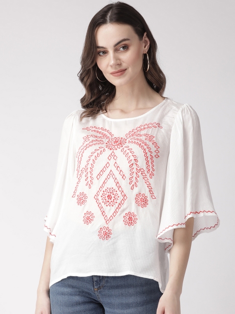 

SCOUP Women White & Coral Pink Embroidered Top