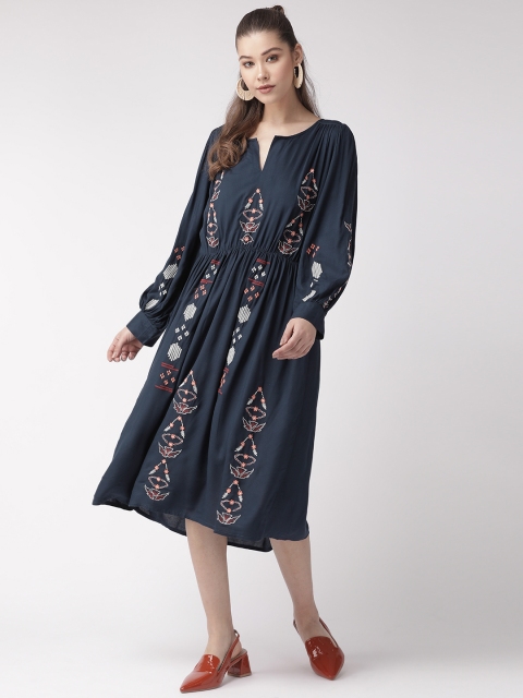 

SCOUP Women Navy Blue & Peach-Coloured Embroidered Fit & Flare Dress