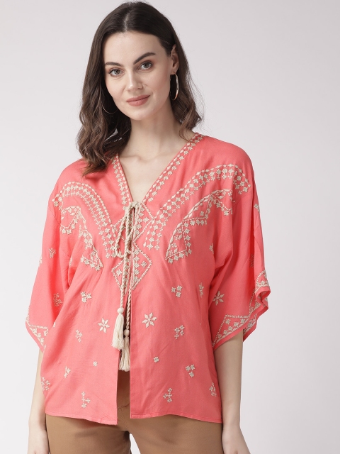 

SCOUP Women Pink & Off-White Embroidered Tie-Up Shrug