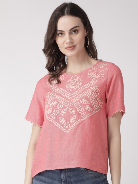 

SCOUP Women Pink & Off-White Chambray Embroidered Top