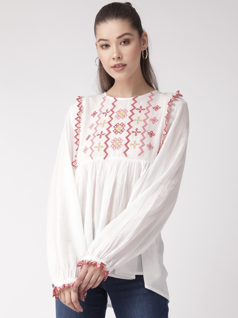 

SCOUP Women White & Red Embroidered A-Line Pure Cotton Top