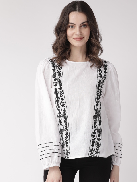 

SCOUP Women White & Black Embroidered Pure Cotton Top