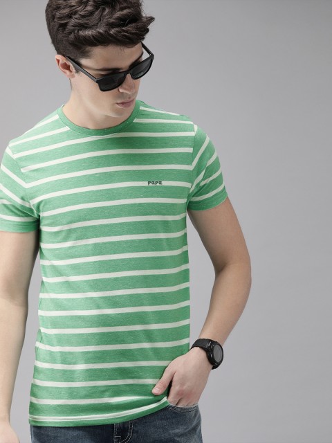 

Pepe Jeans Men Green & White Slim Fit Striped Round Neck T-shirt