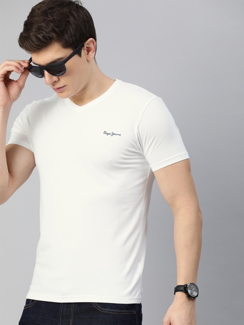 

Pepe Jeans Men White Solid V-Neck T-shirt