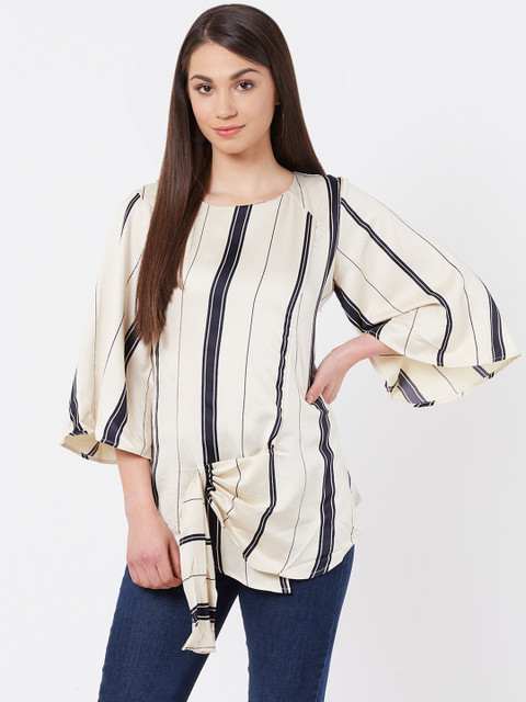 

Instacrush Women Off-White & Navy Blue Striped Regular Top