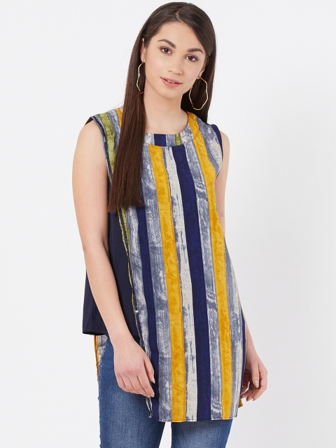 

Instacrush Women Navy Blue & Mustard Yellow Striped Layered Top