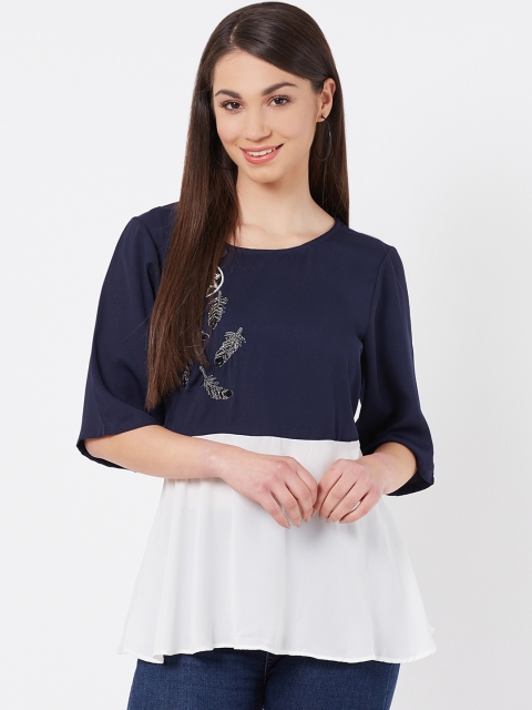 

Instacrush Women Navy Blue & White Colourblocked A-Line Top