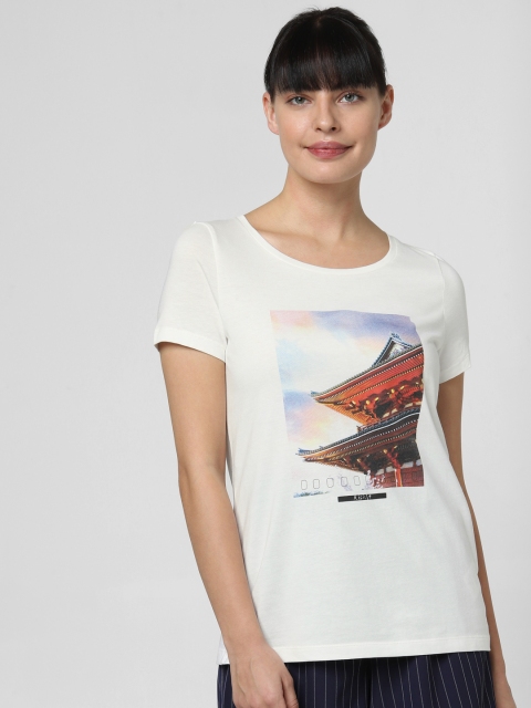 

Vero Moda Women White Printed Round Neck T-shirt