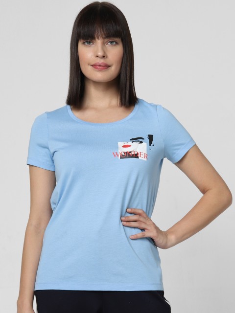

Vero Moda Women Blue Solid Round Neck T-shirt with Printed Detail