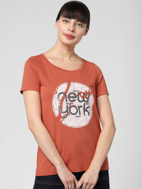 

Vero Moda Women Rust Orange Printed Round Neck T-shirt
