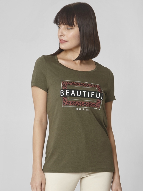 

Vero Moda Women Olive Green Printed Round Neck T-shirt