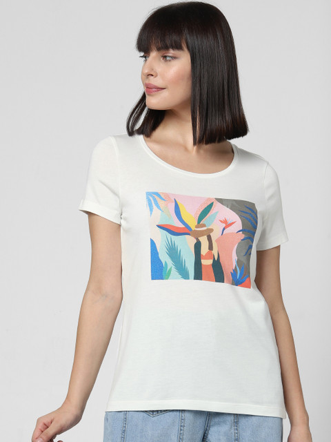 

Vero Moda Women White Printed Round Neck T-shirt