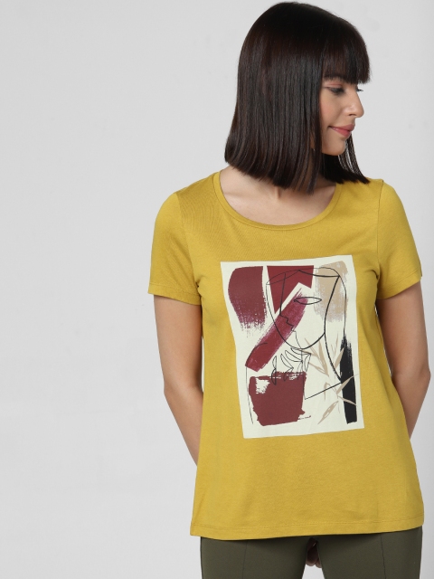 

Vero Moda Women Yellow And Cream Printed Round Neck T-shirt