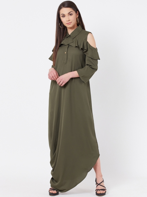 

Instacrush Women Olive Green Solid Cold-Shoulder Maxi Dress
