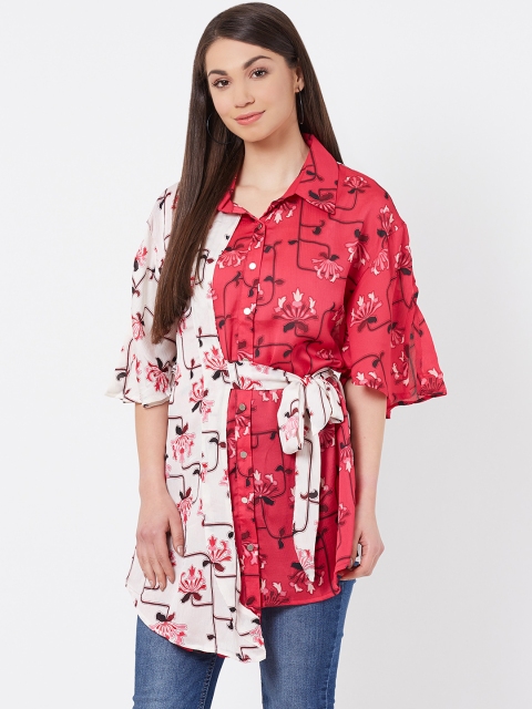 

Instacrush Women White & Pink Regular Fit Printed Longline Casual Shirt