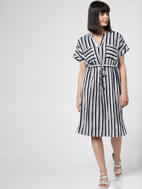 

Vero Moda Women White & Navy Blue Striped A-Line Dress with Tie-Up Detailing