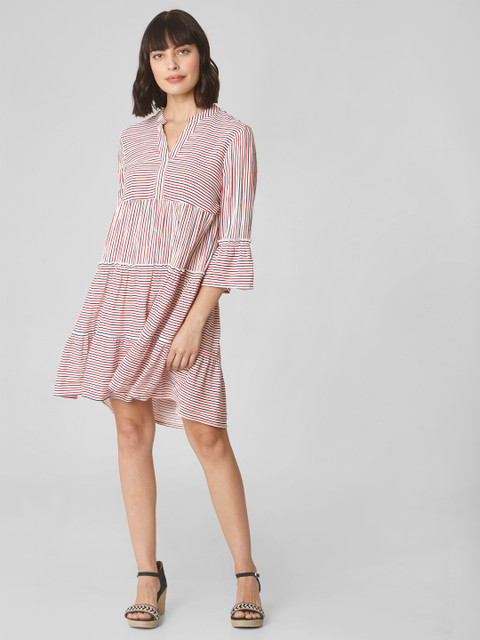 

Vero Moda Women White & Red Striped A-Line Layered Dress