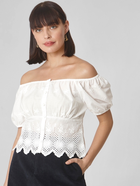 

Vero Moda Women White Embroidered Bardot Top