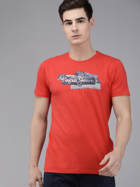 

Pepe Jeans Men Coral Red Printed Round Neck Pure Cotton T-shirt