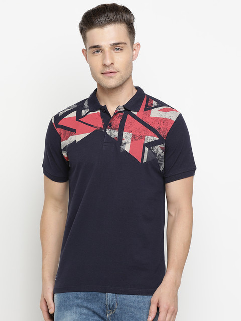 

Pepe Jeans Men Navy Blue & Red Geometric Print Polo Collar T-shirt