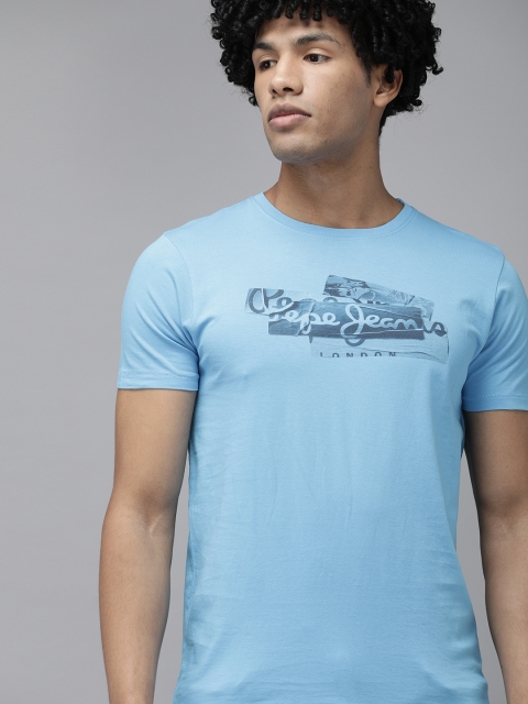 

Pepe Jeans Men Blue Pure Cotton Brand Logo Print Round Neck Pure Cotton T-shirt