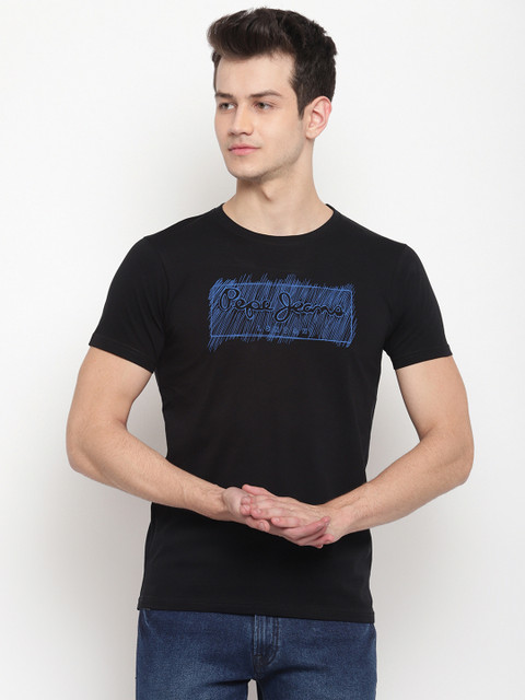 

Pepe Jeans Men Black Printed Round Neck Pure Cotton T-shirt
