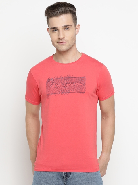 

Pepe Jeans Men Coral Pink Brand Logo Printed Round Neck T-shirt