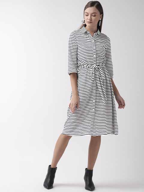 

Vaak Women White & Navy Blue Striped Shirt Dress