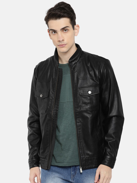 

V Dot Men Black Solid Biker Jacket