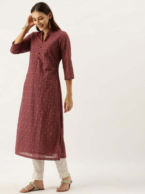 

House of Pataudi Women Burgundy Schiffli Embroidered Straight Kurta