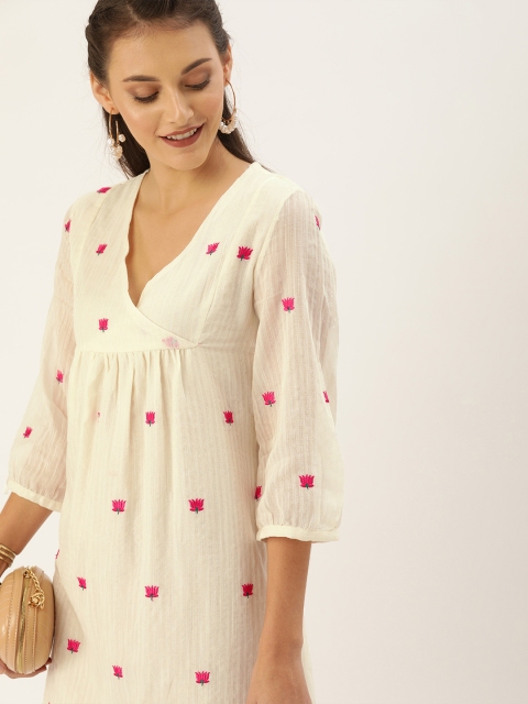 

House of Pataudi Women White Embroidered Wrap A-Line Dress with Gathers