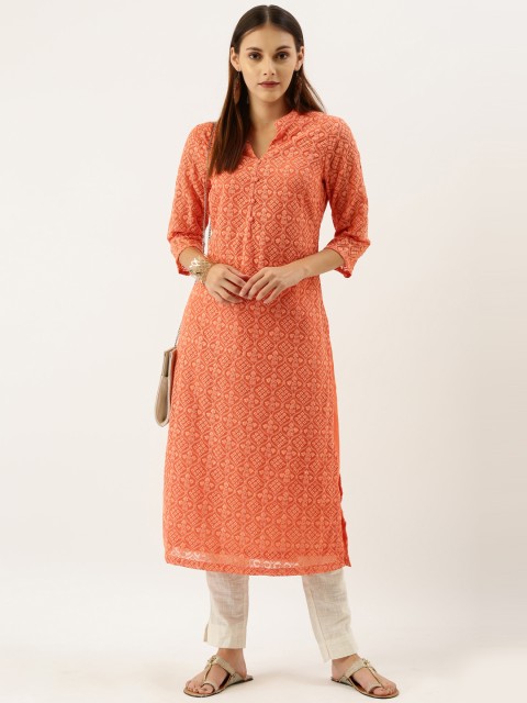 

House of Pataudi Women Peach-Coloured Embroidered Straight Kurta