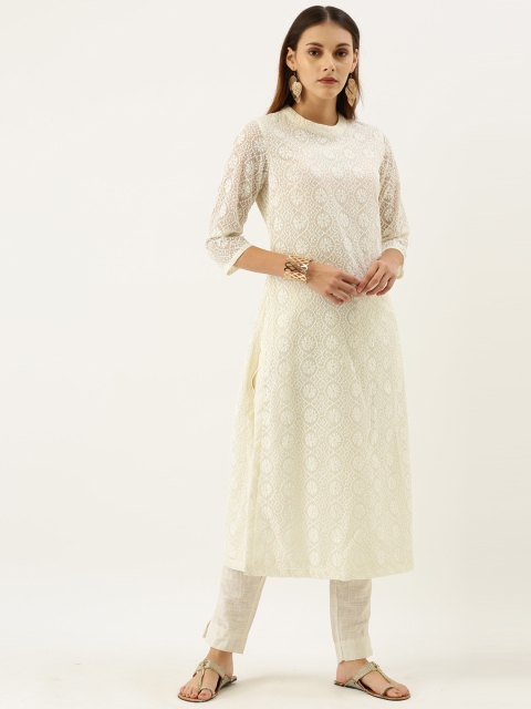

House of Pataudi Women White Shiffli Embroidered Straight Kurta
