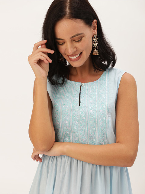 

House of Pataudi Women Blue Embroidered Fit and Flare Dress