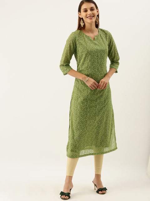 

House of Pataudi Women Green Embroidered Straight Kurta
