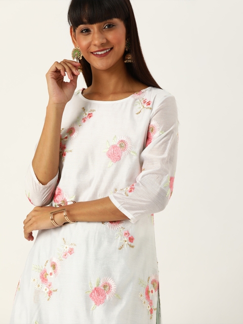 

House of Pataudi Women White & Pink Embroidered Straight Kurta