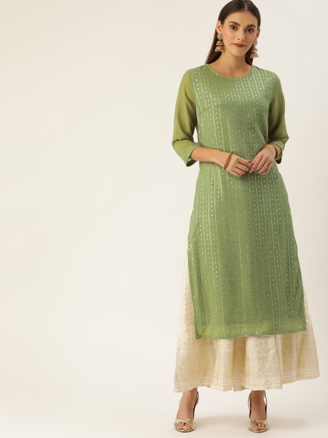 

House of Pataudi Women Olive Green & Silver-Toned Embroidered Straight Kurta
